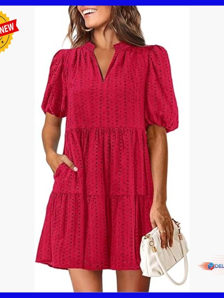 Eyelet Mini Dress With Lace Tiered V-Neck Short Sleeve Pockets Casual